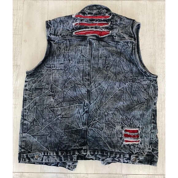 Vtg 1738 Denim Vest Jacket Cotton 3XL Biker Rockabilly Black Shredded Acid Wash - Picture 2 of 8
